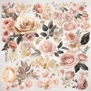 Blush Pink Wedding Florals Clipart, blush pink and gold antique vintage rose, flower clip art graphics, bouquet illustration, baby shower 8k high qaulity