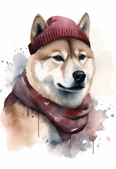 watercolour of a Akita Inu wearing A maroon turtleneck sweater with a cream-colored tweed blazer on top, Accessorize with a black leather collar with a silver tag and a maroon knit beanie on the head, clipart, white background, colourful, pastel color, watercolour, single sheet