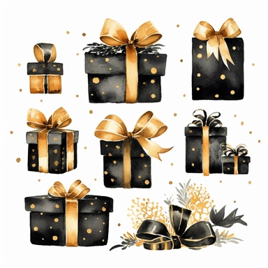 Cute Christmas present black and gold watercolor Clipart