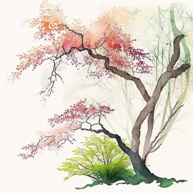 Watercolor, Japanese Maple Trees, long branches, spring grass, Clipart, springtime japanese trees, forest, tall grass, white background
