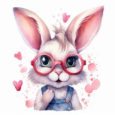 watercolor clipart, very cute single funny bunny in glasses, childlike innocence and charm, big and adorable in love eyes, cute and charming expression, funny and floppy ears, rosy cheeks, shy bunny, foreboding colors, valentines day themed cute, lovely hearts around the bunny, white background