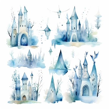 Clipart watercolor, newborn , icy blue colours theme: frozen inspired ice castles, snow flakes, snow man, seperate drawings on a white background with a margin, drawing with watercolors, cute for kids room, minimalistic, adorable, shabby chic ,baby nursery | ar: 16x9
