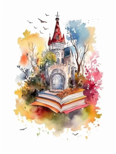 Watercolor clipart with white background, open book, magical fantasy kingdom, secret garden, flat design, clearly defined, high quality clipart