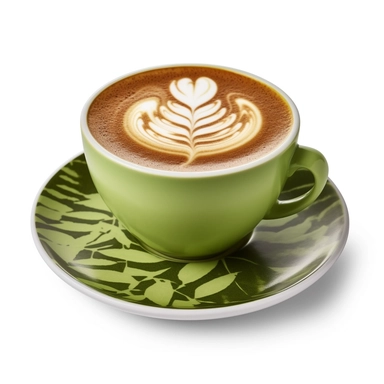 Side view of hot macha with latte art in a brown cup and saucer isolated on white background with clipping path inside