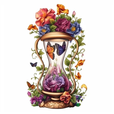 Clipart, A charming hourglass nestled amidst flowers, isolated on a white background with a wide margin