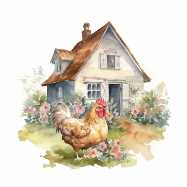 Small Farm house for Chicken Sitting over leaves and Flowers Surrounded,Isolated,Watercolor Clipart,White Background