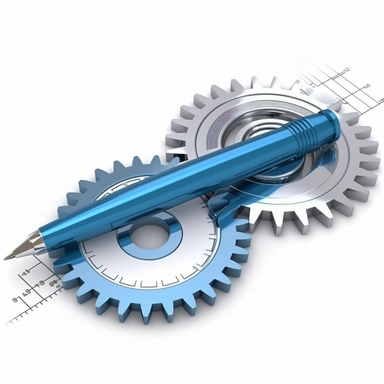 a piece of clipart symbolizing Aligning Technical Specifications. The image should incorporate elements like a straight ruler, a set of gears fitting perfectly together, and a blueprint or a technical drawing. The visual representation of these items should indicate precision, harmony, and alignment. The overall design should be clean, with a professional color palette