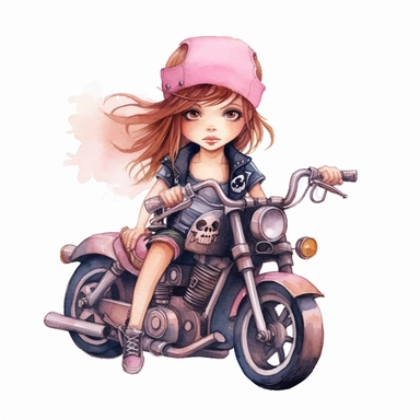 Cute little pirate biker girl with brown hair sitting on her Harley Davidson pink watercolor Clipart
