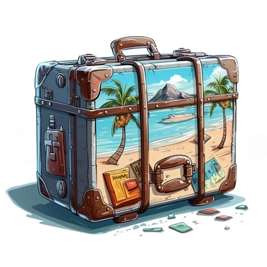 a single clipart image png graphic of a Realistic Painting Clipart Beach Vacation Luggage PNG Illustration, very detailed, Cartoon,hyper realistic, intricate detail, illustration style,high solution,on the white background