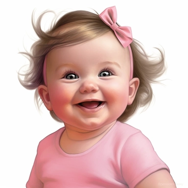 Adorable, cute, caucasian, baby girl, happy, smiling, wearing a pink shirt and a pink satin ribbon in her hair, extreme focus, professional artists rendition, no text, no logo, no name, no letters, Highly Detailed, clip art, white background, smooth edges