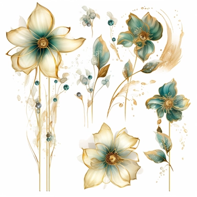 large gold and glass flowers with floral decorations, in the style of nature-inspired installations, delicate ink washes, emerald and golden, detailed miniatures, mosaics, organic texture, nature-inspired imagery, clipart set, white background