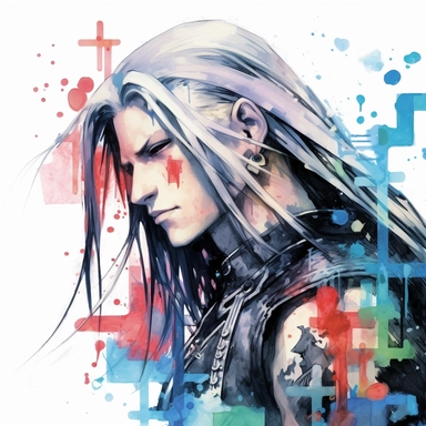 Final Fantasy VII Sephiroth with neck and face tattoos, close-up side profile, colorful graffiti background, clipart watercolor
