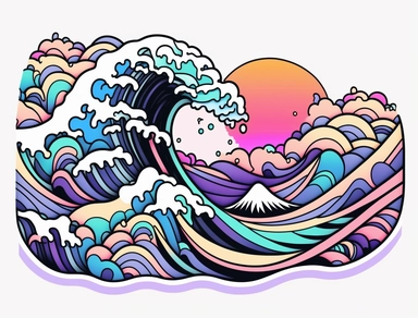 discreet and minimalist, a cute, kawaii, vector, great hokusai surfing wave, psychedelic surrealism, pastel colors, subtle gradients, aurorapunk, massurealism, lisa frank style, geometric, clipart, black contour, sticker, isolated on a white background, 8k 3d