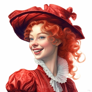 beautiful albino victorian lady, looking left, victorian hairstyle, victorian hat, Victorian era clothing, beatiful smile, realistic inverted portrait white background, high quality, hyper-realistic, Victorian Lady Clipart,red dress