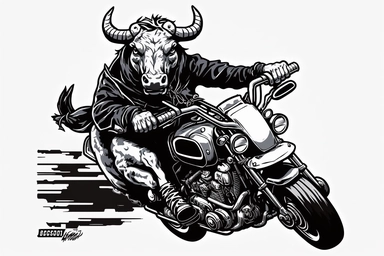 An Anthropomorphic Cow riding a motorcycle, dynamic sports graphic, caraciture style, Clean vector art, clipart, sticker, black on white background