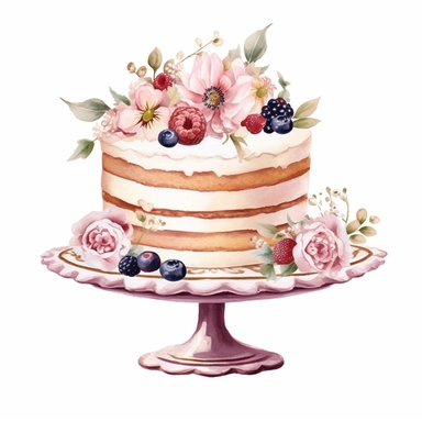 clipart, isolated on white background, Watercolor cake with flowers and berries, pink pallette, ornated, pastel colors