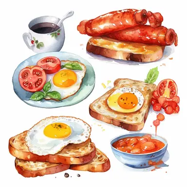 Watercolor style, english breakfast, toast, bacon, beans, sausages, mushrooms, tomatos and eggs variations, hyper realistic detailed clipart, 4 on a page, on a white background