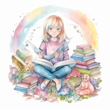 beautiful watercolor clipart of young child reading books, fun pastel hues, compositions on an isolated white background. Bright illustration, highly detailed