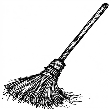 broom, sweeping tool formed by a set of dry branches tied at one end, or by a stick or cane that has a thick brush attached to one of its ends, simple, all black and white for coloring book, isolated, line art, printable outline art, digital art, clip art, only outerlines, black lines,