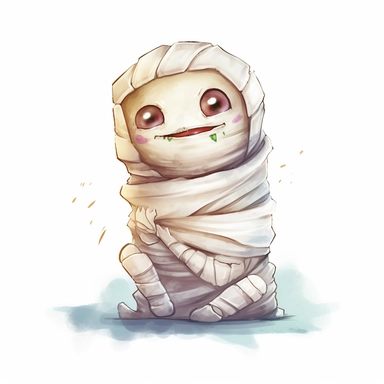 complex watercolor illustration of adorable cute zombie covered in white bandages looking like a mummy isolated kawaii,concept,art,8k,hd,kawaii,detailed,white backround,clipart