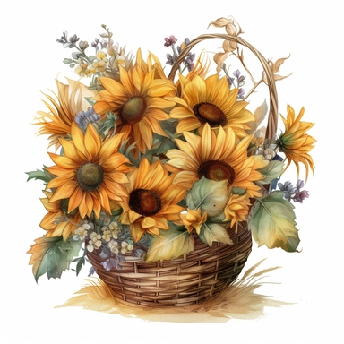 a bouquet of sunflowers in a Cornucopia, in style of watercolor clipart, high detail