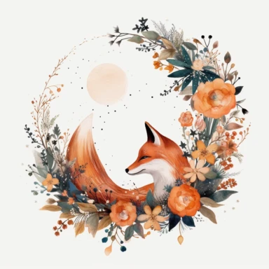 fox moon clip art october download, in the style of intricate, delicate flower and garden paintings, light white and orange, the stars art group (xing xing), dreamy watercolor florals, faux naïf, shaped canvas, white backgound