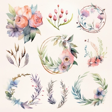 Craft an exquisite collection of watercolor clipart with a boho-chic aesthetic, focusing on intricately painted floral and feather designs. Emulate the artistic medium of delicate watercolor paintings on textured paper, drawing inspiration from the works of Marjolein Bastin, a renowned nature artist. Infuse the color palette with soft pastels, including gentle pinks, muted greens, and light purples, to evoke a serene and dreamy atmosphere. Arrange the floral and feather elements in a graceful an