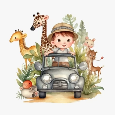 watercolor clipart,A super cute happy boy and safari animals, in a jungle jeep, illustration watercolor style, minimalistic, clipart, children's book illustration, hd, 16k, 4k ,isolated white background,single design, single object, watercolor illustration by mark ryden ,print on demand image, PNG transparent background, white background for removing background