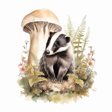 WOODLAND BADGER IN THE WOODS, CLIPART, WATERCOLOUR, WHITE BACKGROUND