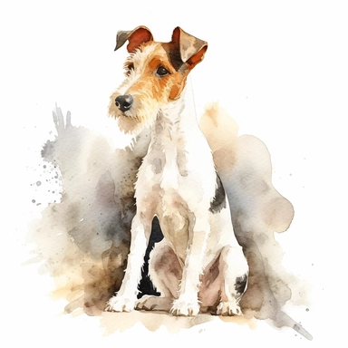 A charming watercolor depiction of a Fox Terrier sitting attentively, with its tail wagging, against a white background and watercolor clipart.