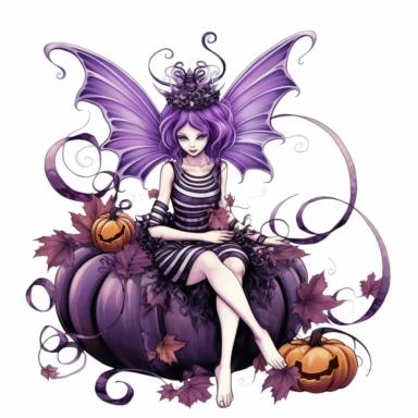 Halloween fairy, clipart, large purple,wings, black white stripes, pumpkin, isolated on white background, in the style of Amy Brown, beautiful fall floral, bright color, crisp lines, chaos 8