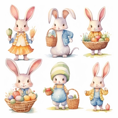 Watercolor easter eggs, illustrations clipart set, simple, soft colors, cartoon elements, different variants, easter elements, jumping bunnies, sitting bunnies ,rabbits, cute little girl, easter eggs in basket, separate elements with a margin