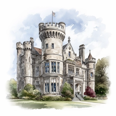 Isolated images, illustrations on a white background, facing front, elevation view, Malahide Castle Dublin Ireland, Clipart, watercolor, realistic, isolated, full building, highly detailed, hdr, 32K, photo expert quality, watercolor realistic, hyperrealistic and highly detailed, isolated on a white background