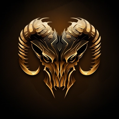 ram head logo clipart, flat logo, clipart logo, crystal style, ram head, angry glowing eyes, sharp shapes, futuristic, big horns, heraldic, logotype, clipart, golden, gold material, front, detailed, dark background, golden chrome, exiting