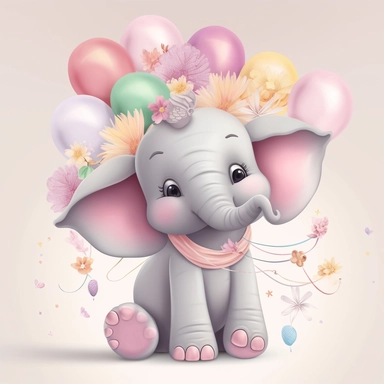 a detailed very colorful vector Clipart image sticker of a beautiful majestic magical floral smilling baby elephant and pastel pink balloons colors holding balloons with a white background, pastel light colors, fall colours, gold ropes, photorealistic, cinematic, Cinematic, Color Grading, Editorial Photography, Photography, Photoshoot, Shot on 70mm, Ultra-Wide Angle, Depth of Field, DOF, Tilt Blur, Shutter Speed 1/1000, F/22, Gamma, White Balance, Neon, Light, Dark, Light Mode, Dark Mode, High C