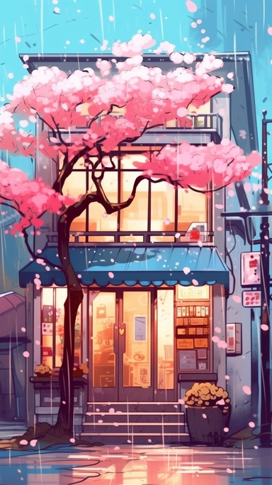 Very very cute and Whimsical quirky Jazzy coffee shop, building corner, cherry tree blossom, Raining colorful, Watercolored illustration in the style of Michael Powell, clipart, city vibe background - 8K
