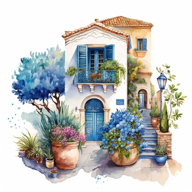 beautiful watercolor clipart of a view of a Mediterranean house in a village with potted plants and italian seascape, warm summer blue, aqua and white hues, compositions on an isolated white background. Bright landscapes illustrations, highly detailed