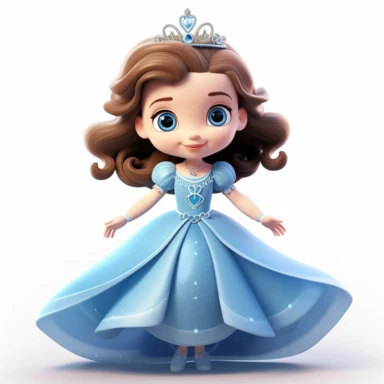 pixar style little princess clipart, blue tone colors, big eyes, smiling, lovely, adorable, full body, on white background