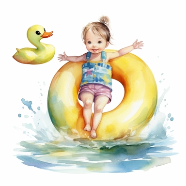 watercolor, summer A girl child wearing an inflatable lifebuoy in the form of a duck is running. Isolated kid in swimming suit, pool or beach recreation smiling face, big eye png Full body realistic cartoon in 32K UHD cute. 15 cm thick outline. Black color. There was no shadow on the ground. 8k with realistic watercolors and detailed illustrations. PNG clipart, transparent white background