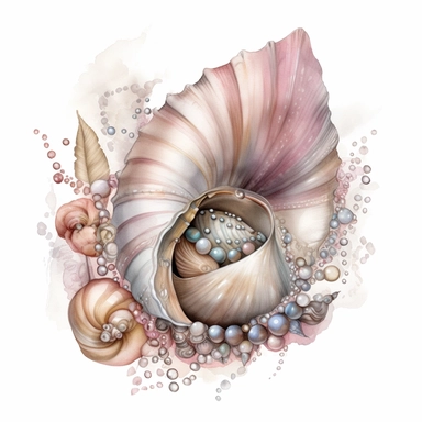 Watercolored pencil style illustration, boho style conch shell decorated with pearls, pink, beige and silver, isolated on a white background, PNG file clipart style, Dennis Wojtkiewicz, Amanda Clark, Lowell Herrero,