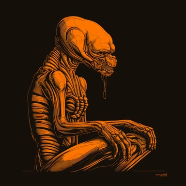 orange alien Garfield cat xenomorph on monday, illustration, in the style of 90’s clipart, black lasagna background, limited color palette, 1990’s aesthetic, normcore, by Saul Bass, by Richard Corben, by Alex Grey, by Moebius, Tadao Ando, Mid Century Modern animation style