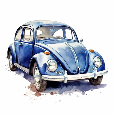 A dark blue VW Beetle clipart, white background, watercolor drawing