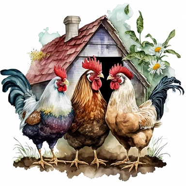 Cute Beautiful Three Chicken Front House watercolor Sublimation Clipart,Cartoon,hyper realistic, intricate detail, illustration style,high solution,on the white background