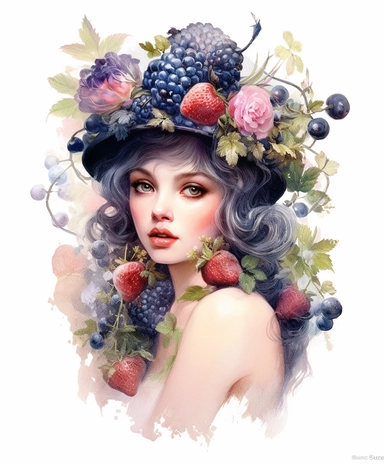 watercolor illustration mixed media beautiful charming overgrown with flowers and raspberries and blueberries and moss beautiful witch in the crown, rococo fashion, Sparklecore, sparkle glitter, Magali Villeneuve, rococo fashion, in the style of 18th century botanical illustrations, isolated on white, PNG clipart, extreme photorealistic details, 32k HD resolution, realistic high detailization high resolution