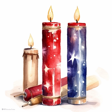 clip art of 3 roman candles for the american independence day, red, white and blue,realistic watercolor paintings, still-life