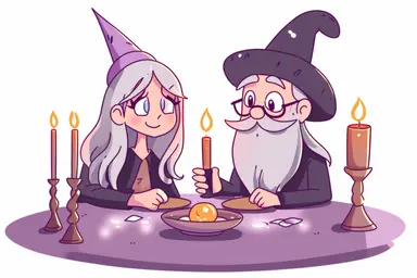 Cute Wizard on a magical candlelight dinner date with Cute Witch Clipart, on white background, spaced out, RGB, Romantic, Wizardcore, Witchcore, Multiverse, Ultra HD, hyperdetailled