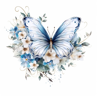 frosty white butterfly clipart with flower border, white background, watercolor, vector