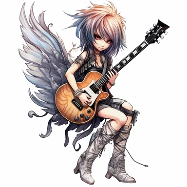 a beautiful fairy, punk rock star with guitar, cartoon, big wings, clipart, white background