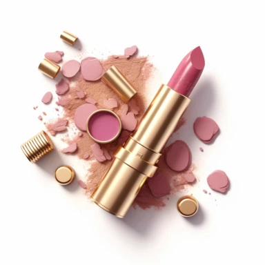 pink gold lipstick, nail polish, eye shadow, blush makeup, clipart style, to separated the products, procreate illustration, on white background, hyper-detailed, high resolution, illustration, 3D
