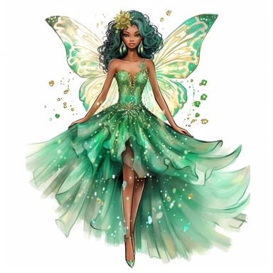 glitter hand illustrated barbie inspired brown skin fairy floral accents emerald green bright and sparkly sequins accented gown semi transparent flowy dress pretty wings hyper realistic watercolor smiling lips big eyes pretty fairy no background clipart style full body jewels gemstones sparkly diva with crown intricate detail